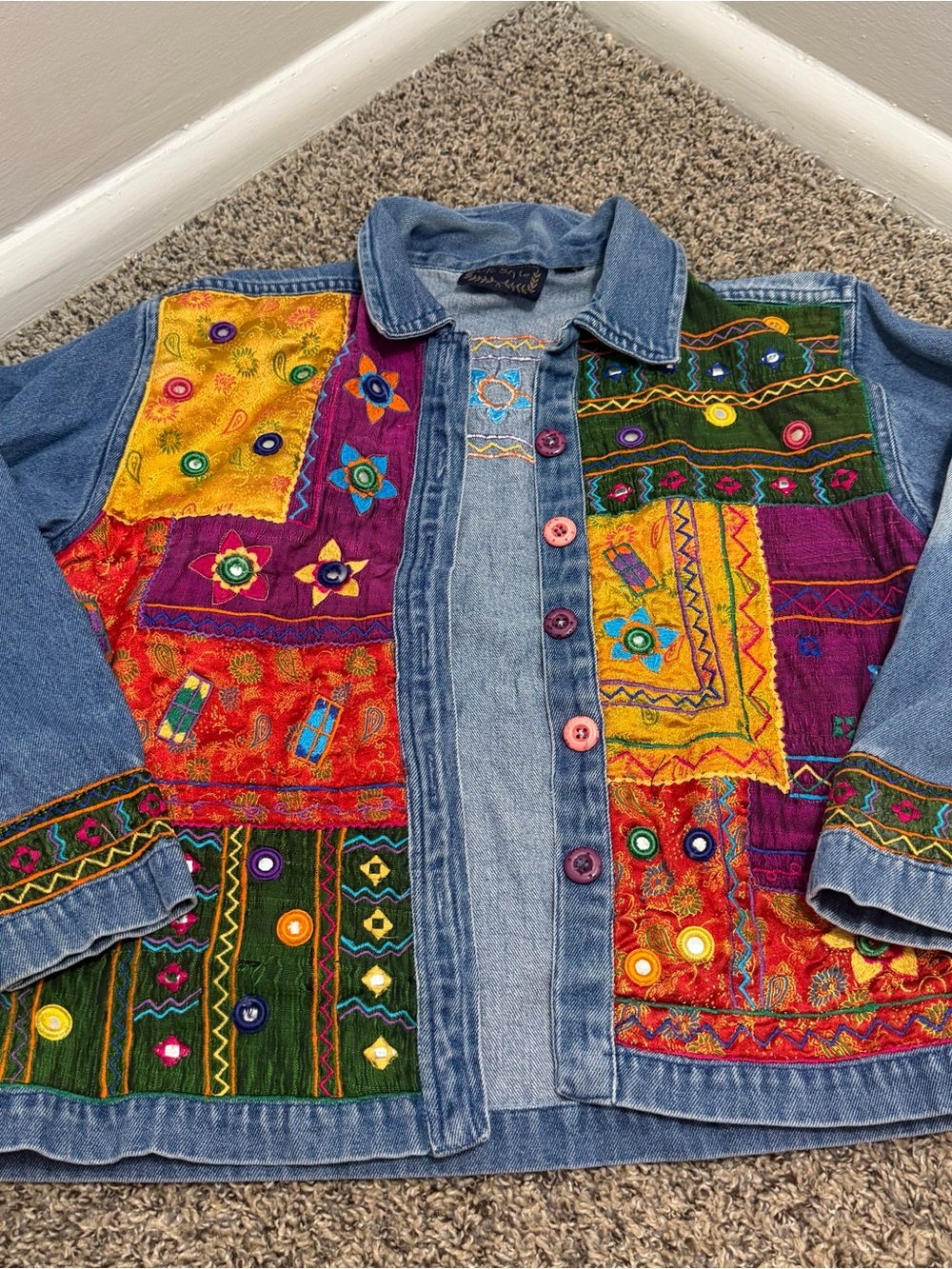 Colorful Patchwork Embroidered Denim Jacket - Multicolor